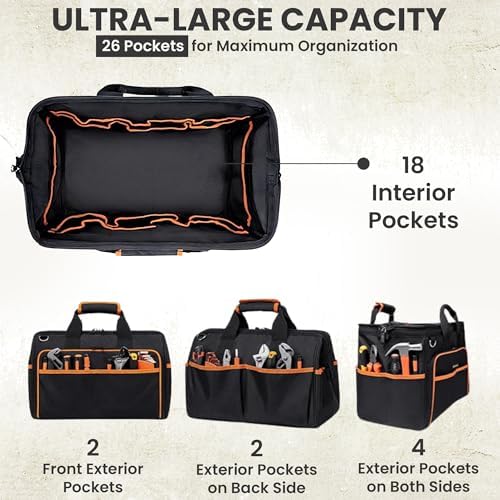 Electrician Tool Bag, 26-Pocket, 17-Inch, Potable Tool Box Organizer with Wide Mouth Opening & Padded Shoulder Strap, Water Resistant Heavy Duty Bag for Mechanics, Contractors, Plumber & Craftsmen - Image 3