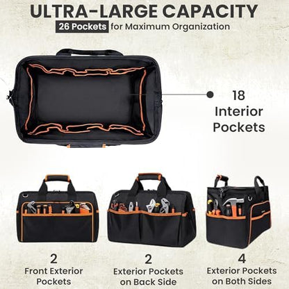 Electrician Tool Bag, 26-Pocket, 17-Inch, Potable Tool Box Organizer with Wide Mouth Opening & Padded Shoulder Strap, Water Resistant Heavy Duty Bag for Mechanics, Contractors, Plumber & Craftsmen - Image 3