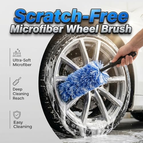 Wheel Barrel Cleaning Brush,2026 New Long Handle Microfiber Wheel Brush Car Duster,Lightweight Rim Detailing Tool for Narrow Spokes & Brake Calipers (Blue Brush/2pcs) - Image 2
