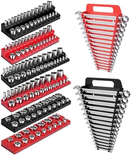 Magnetic Socket Organizer & Wrench Organizer Set, Socket Holder Set1/4", 3/8", 1/2" Drive Metric SAE Socket Storage，15 Slots Metric SAE Wrench Holder (Socket,Wrench not Included) (‎‎Black/Red) by Unknown