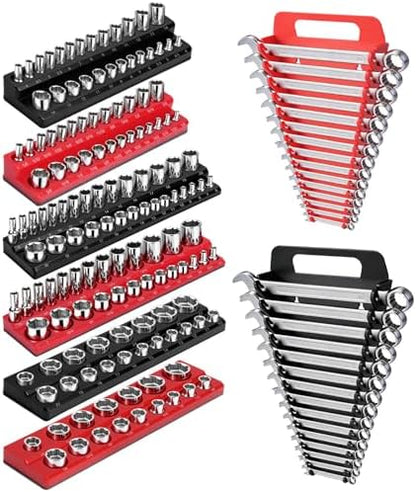 Magnetic Socket Organizer & Wrench Organizer Set, Socket Holder Set1/4", 3/8", 1/2" Drive Metric SAE Socket Storage，15 Slots Metric SAE Wrench Holder (Socket,Wrench not Included) (‎‎Black/Red) by Unknown
