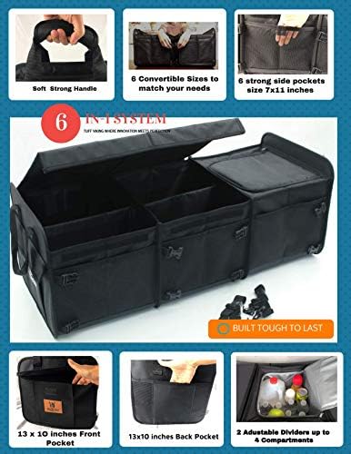 Tuff Viking Convertible Large 3 Compartment SUV Trunk Organizer with Cover | Truck Bed Organizer | for Trucks, Cars, SUVs and Groceries with Tie Down Straps. (6 in 1 with Cover, Black) - Image 3