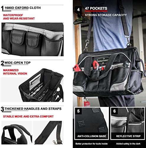 HAUTMEC 16" 47-Pockets Tool Bag, Heavy-Duty 1680D Wide Mouth Tool Organizer with Reinforced Hard Base, Padded Shoulder Strap - HT0183 - Image 3