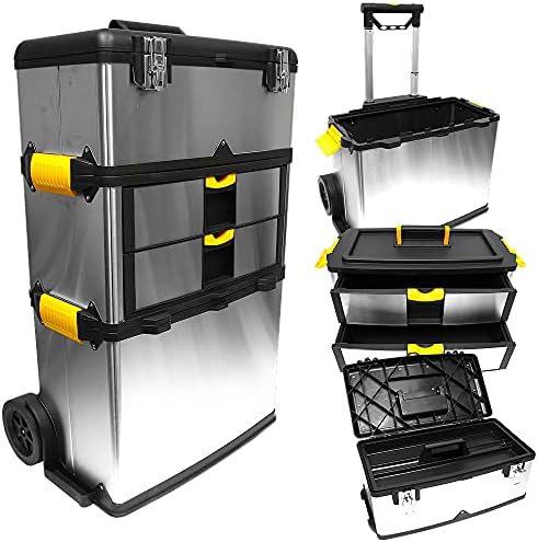 3-Part Portable Tool Box - Stainless-Steel Drawer Organizer with Wheels, Extendable Handle and Tough Latches - Rolling Tool Chest by Stalwart (Silver) - Image 3