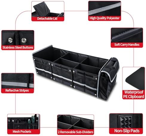 Car Trunk Organizer with Removable Cooler Bag - Collapsible Multi-Compartment Storage for SUV Truck Groceries Camping, Durable Nylon Auto Cargo Organizer (Black) - Image 5