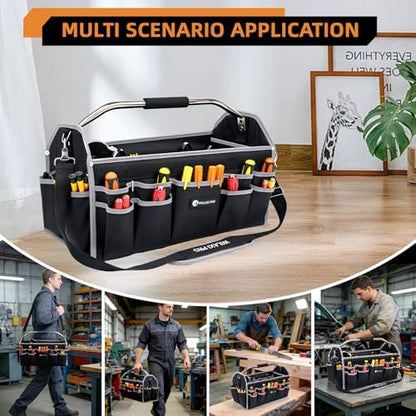 20in Tool Bags For Men Heavy Duty, 22 PCS Pockets Tool Bag Organizer Foldable Open Top Tool Bag With Handle, Wide Mouth Electrician Tool Tote, Grey - Image 7