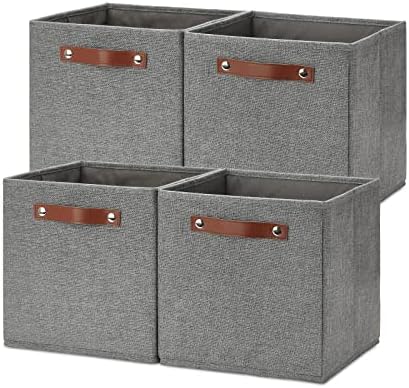 Temary 11 Inch Cube Storage Bins 4PCs Fabric Storage Cubes Storage Baskets Organizer with Handles, Foldable Baskets for Organizing Clothes, Toys, Towels (Grey, 11x11x11) by TEMARY