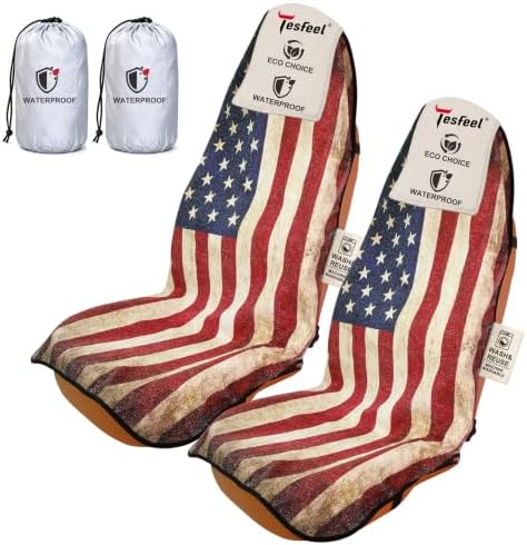 2 Pack American Flag Car Seat Cover Towel, Waterproof Sweat Protector for Gym Post-Workout & Beach, Universal Fit for Sedans SUV Minivan, Machine Washable Non-Slip Bucket Seat Mat by TESFEEL