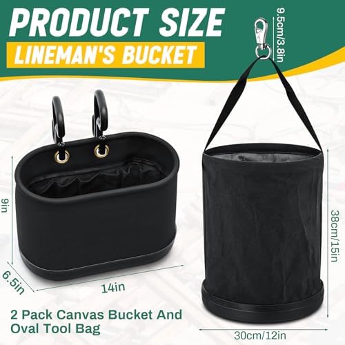 2 Pack Canvas Bucket and Oval Tool Bag, Bucket Tool Organizers with Plastic Bottom Metal Hook for Lineman Organizing Accessories - Image 2