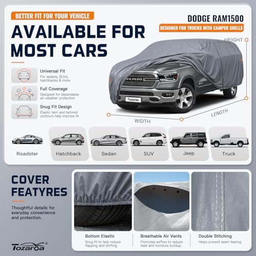 Truck Cover Waterproof All-Weather,Outdoor Full Exterior Pickup Covers for Truck Cover with Camper Shell Topper 229-246 inch,with Windshield Sun Shade,Size T5+ (See SizeChart) - Image 3