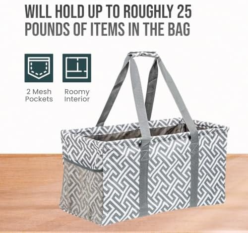 Extra Large Utility Tote Bag, Oversized Collapsible Reusable Wire Frame Rectangular Canvas Basket With Two Exterior Pockets For Beach, Pool, Laundry, Car Trunk, Storage - Geo Grey - Image 5