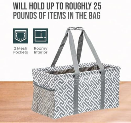 Extra Large Utility Tote Bag, Oversized Collapsible Reusable Wire Frame Rectangular Canvas Basket With Two Exterior Pockets For Beach, Pool, Laundry, Car Trunk, Storage - Geo Grey - Image 5