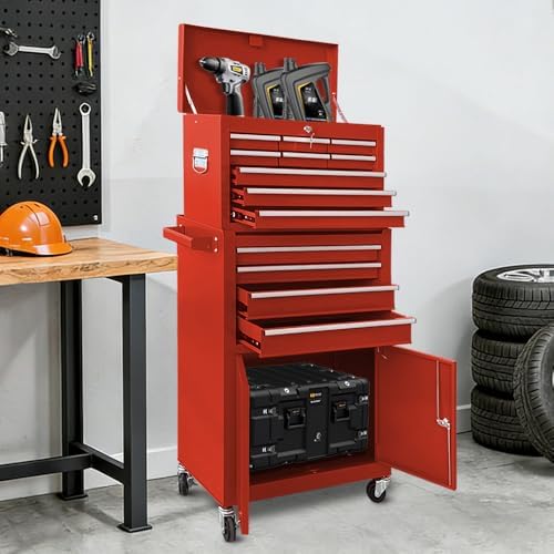 13-Drawer Rolling Tool Chest with Double Doors, 2 in 1 Detachable Rolling Tool Chests, Metal Standing Tool Cabinet with Lock, Large Toolbox for Garage Workshop, Gift for Christmas-Red - Image 3