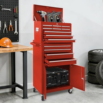13-Drawer Rolling Tool Chest with Double Doors, 2 in 1 Detachable Rolling Tool Chests, Metal Standing Tool Cabinet with Lock, Large Toolbox for Garage Workshop, Gift for Christmas-Red - Image 3