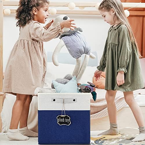13x13x13 Inch Large Foldable Fabric Linen Cube Storage Bins【4-pack】, with Cotton Handles Closet Bins for Cabinet Shelves Home Organization and Storage bins(White&blue) - Image 3