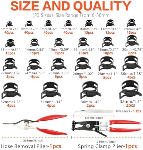 324Pcs 65Mn Steel Spring Band Hose Clamp Kit - 23 Sizes (6-38mm) Constant Tension Pipe Clip with Swivel Jaw & Hose Removal Pliers, Tweezers for Fuel Line, Coolant, Vacuum, Silicone Hoses & Air Tube ﻿ - Image 2