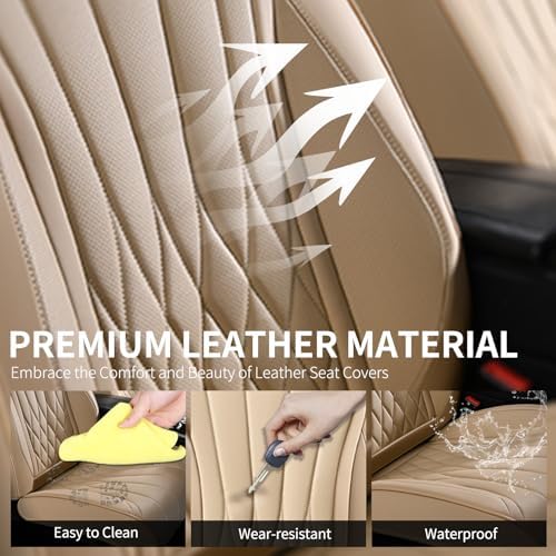 FLORICH Universal Seat Covers Full Set, 5 Seats Leather Seat Covers for Cars, Waterproof & Breathable Nappa Leather Car Seat Protector Fit for Most Cars - Beige - Image 6