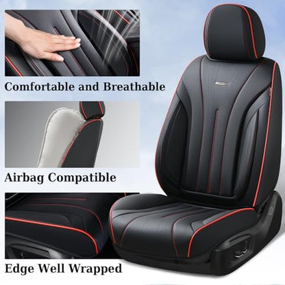 Coverado Car Seat Covers Full Set, Leather Seat Covers for Car, Waterproof Seat Covers, Automotive Seat Cushions, Breathable Car Seat Protector Universal for Most Sedans, Trucks, SUV (Black &Red Line) - Image 2