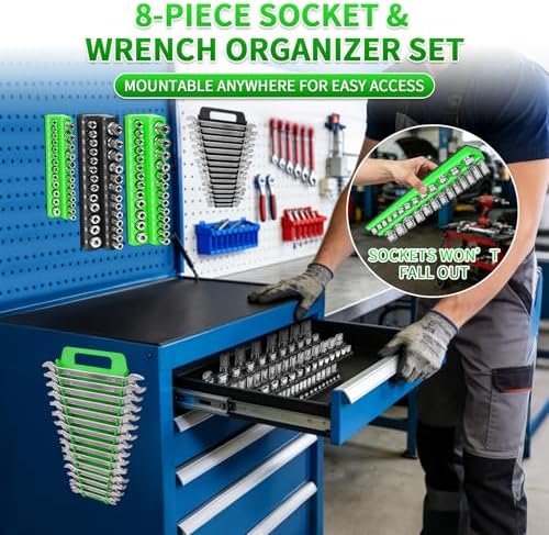 8 Piece Magnetic Socket Organizer Set, 1/4", 3/8", 1/2" Drive Metric and SAE Socket Holder Trays, Socket Organizer for Tool Box Drawer, Garage, Workbench and Mechanic Cart, Black and Green - Image 4