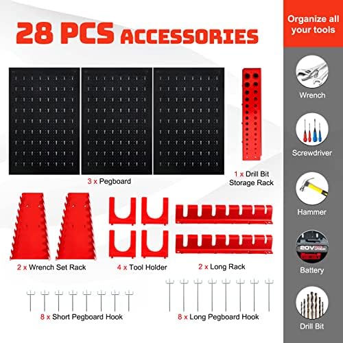 Goplus Garage Pegboard Tool Organizer, 4ft Metal Pegboard Wall Organizer w/3 Pegboards, Drill Bit Rack, Wrench Rack, Hooks Accessories, Wall-Mounted Tool Storage Peg Board for Workshop, Black - Image 3