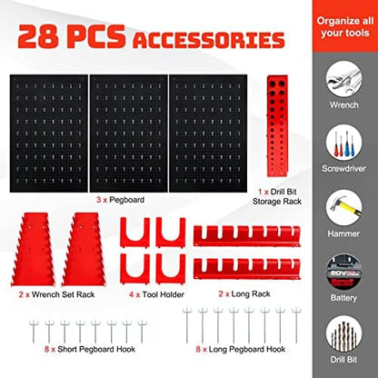 Goplus Garage Pegboard Tool Organizer, 4ft Metal Pegboard Wall Organizer w/3 Pegboards, Drill Bit Rack, Wrench Rack, Hooks Accessories, Wall-Mounted Tool Storage Peg Board for Workshop, Black - Image 3