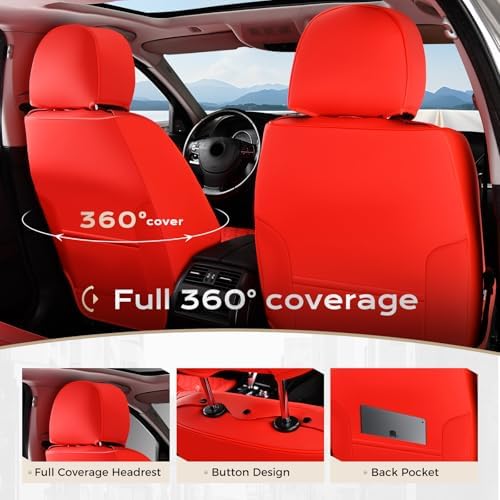 Coverado Full Set Car Seat Covers, 5-Seat Universal Faux Leather Waterproof Seat Covers, Front & Back Car Seat Protectors, Red Leather Seat Covers Fit for Most Vehicles-Red - Image 5