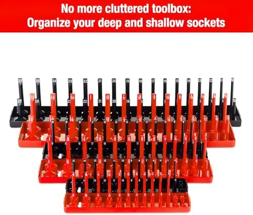 AIUITIO 6PCS Socket Organizer Tray Set, Red SAE & Black Metric Socket Storage Trays, 1/4-Inch, 3/8-Inch & 1/2-Inch Drive Deep and Shallow Socket Holders for Toolboxes - Image 3