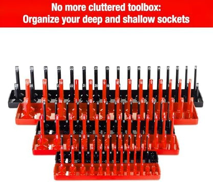 AIUITIO 6PCS Socket Organizer Tray Set, Red SAE & Black Metric Socket Storage Trays, 1/4-Inch, 3/8-Inch & 1/2-Inch Drive Deep and Shallow Socket Holders for Toolboxes - Image 3
