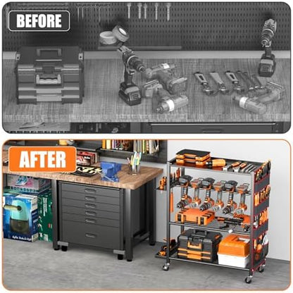 TORACK Rolling Power Tool Storage Cart, 4-Tier Large Drill Organizer with Slots for 12 Drills, Freestanding Cordless Tool Rack with Wheels for Garage & Workshop - Image 7