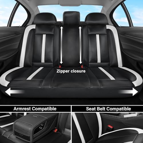 Coverado Leather Car Seat Covers Full Set & Carbon Fiber, Waterproof and Durable All Weather Protector, Universal Fit for SUV, Pickup Truck, Sedan, Automotive Vehicle Interior, Black&White - Image 6