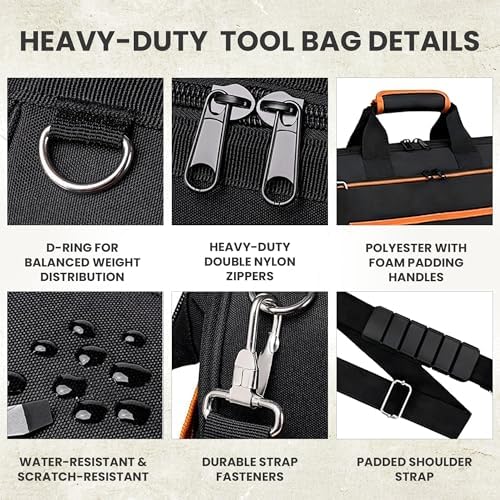 Electrician Tool Bag, 26-Pocket, 17-Inch, Potable Tool Box Organizer with Wide Mouth Opening & Padded Shoulder Strap, Water Resistant Heavy Duty Bag for Mechanics, Contractors, Plumber & Craftsmen - Image 4