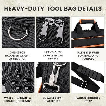 Electrician Tool Bag, 26-Pocket, 17-Inch, Potable Tool Box Organizer with Wide Mouth Opening & Padded Shoulder Strap, Water Resistant Heavy Duty Bag for Mechanics, Contractors, Plumber & Craftsmen - Image 4