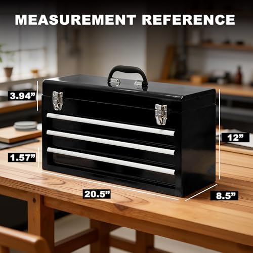 3 Drawer 20“ Metal Tool Box Portable Steel Tool Chest with Metal Latch Closure for Garage, Home and Workbench,Black - Image 2