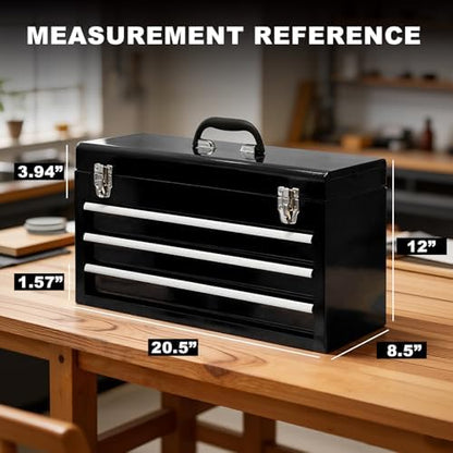 3 Drawer 20“ Metal Tool Box Portable Steel Tool Chest with Metal Latch Closure for Garage, Home and Workbench,Black - Image 2