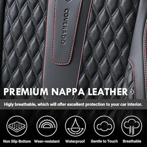 Coverado Front Seat Covers, Car Seat Covers Front Seats, Nappa Leather Seat Covers for Cars, Waterproof Seat Covers with Lumbar Support Universal Fit for Most Cars SUV Trucks (Front, Black-Red line) - Image 4