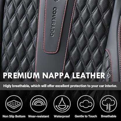 Coverado Front Seat Covers, Car Seat Covers Front Seats, Nappa Leather Seat Covers for Cars, Waterproof Seat Covers with Lumbar Support Universal Fit for Most Cars SUV Trucks (Front, Black-Red line) - Image 4