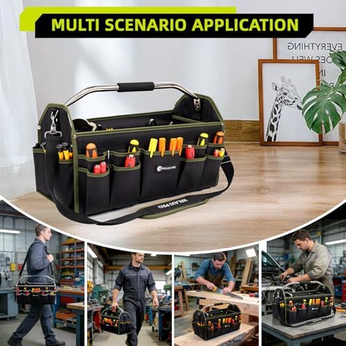 20in Foldable Open Top Tool Bags For Men Heavy Duty, Tool Carrier hard With Handle, Wide Mouth Electrician Tool Tote, Many Pockets Can Hold Many Tool, Green - Image 6