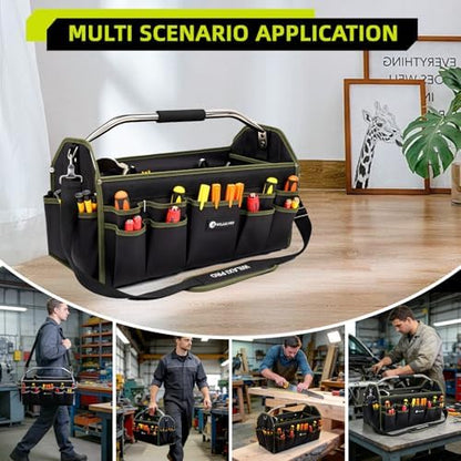 20in Foldable Open Top Tool Bags For Men Heavy Duty, Tool Carrier hard With Handle, Wide Mouth Electrician Tool Tote, Many Pockets Can Hold Many Tool, Green - Image 6