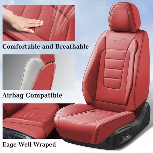 Coverado Car Seat Covers, Front Seat Cover, 2 Pack Luxury Faux Leather Seat Covers for Cars, Waterproof Car Seat Protector Car Seat Cushion, Universal Automotive Seat Covers Fit for Most Cars - Red - Image 5