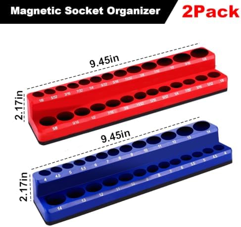 Magnetic Socket Organizer Set, 2-Piece SAE & Metric Socket Holders, Holds 52 Standard & Deep Sockets for Tool Drawers, Tool Carts (Sockets Not Included) - Image 2