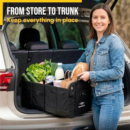 Car Trunk Organizer - Collapsible, Foldable - with Covering Net, Removable Dividers, Attachable Non-Slip Pads, Mounting Straps, and Stainless Hooks - for SUV, Truck, Sedan, Minivan, and Van - Black - Image 5