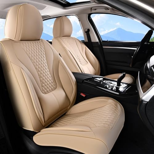 Coverado Waterproof Nappa Leather Car Seat Covers, Automotive Fullset Seat Covers, 5 Seat Car Seat Cushion & Car Seat Protector, Beige Front and Rear Covers Universal Fit for Most Cars, SUVs, Trucks - Image 2