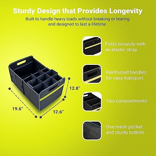 meori Collapsible Trunk Organizer for Car with Bottle Insert for Groceries Road Trips 2 Compartments Heavy Duty Mesh Pocket Ripstop - Image 5