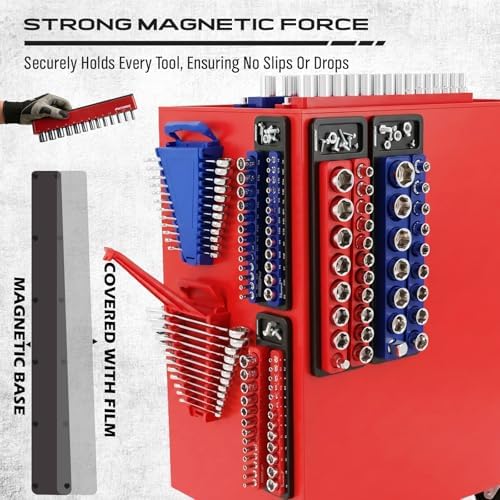 8-Piece Magnetic Socket and Wrench Organizer Set, Metric & SAE, 1/4", 3/8", 1/2"Drive Detachable Socket Storage Tray, 24-Slot Wrench Holder with Non-Slip Handle & Lock Cover for Toolbox Drawer Storage - Image 3