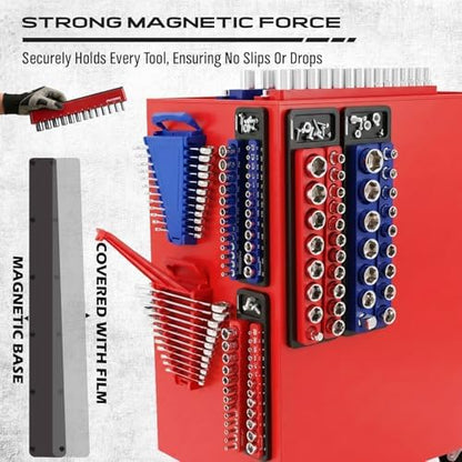 8-Piece Magnetic Socket and Wrench Organizer Set, Metric & SAE, 1/4", 3/8", 1/2"Drive Detachable Socket Storage Tray, 24-Slot Wrench Holder with Non-Slip Handle & Lock Cover for Toolbox Drawer Storage - Image 3