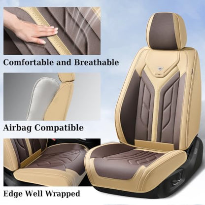 Coverado Car Seat Covers Full Set, Automotive Seat Covers Car Seat Protector Car Seat Cushion, Waterproof Leather Seat Covers for Cars, Universal Fit for Most Sedans SUV Pick-up Truck(Beige&Coffee) - Image 3