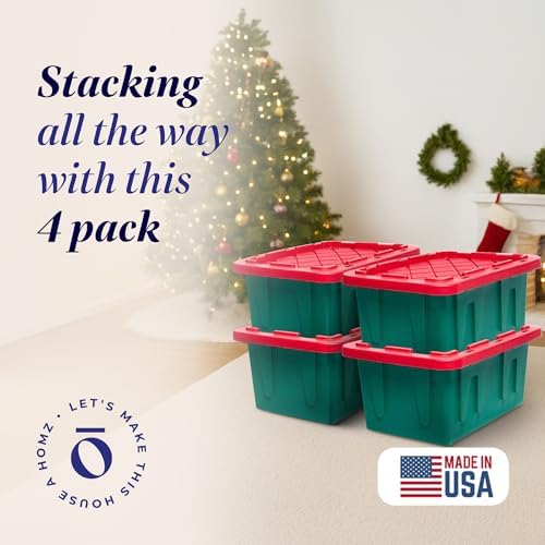 HOMZ 4-Pack Durabilt Tote, Heavy Duty Plastic Storage Bins with Lids, 15 Gallon, Green/Red - Stackable Organizing Containers for Home, Garage, and Office - Image 2