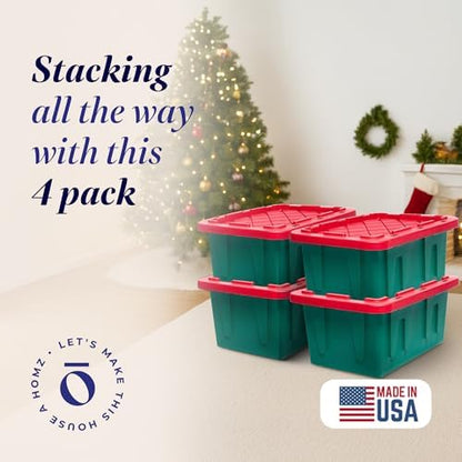 HOMZ 4-Pack Durabilt Tote, Heavy Duty Plastic Storage Bins with Lids, 15 Gallon, Green/Red - Stackable Organizing Containers for Home, Garage, and Office - Image 2