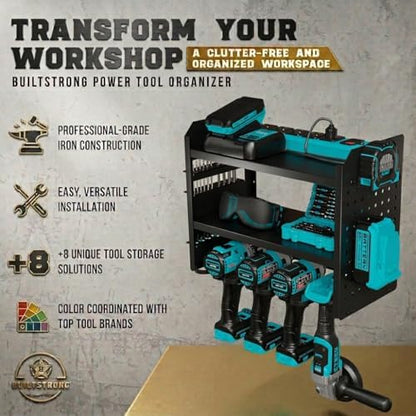 BUILTSTRONG Power Tool Organizer Wall Mount – 3-Tier Heavy-Duty Steel Rack, 4 Drill Slots, Pegboard + Utility Side, 100 lb Capacity – Garage, Workshop & Shed Storage (Black) - Image 3