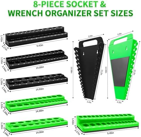 8 Piece Magnetic Socket Organizer Set, 1/4", 3/8", 1/2" Drive Metric and SAE Socket Holder Trays, Socket Organizer for Tool Box Drawer, Garage, Workbench and Mechanic Cart, Black and Green - Image 2